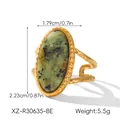 Vintage gold stainless steel ring with oval green natural stone and hammered texture - Large Green Stone Style (XZ-R30635-BE)