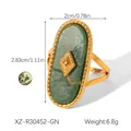 Bague vintage en acier inoxydable avec pierre naturelle verte et dorée - Style Relief de Losange Pierre Verte (XZ-R30452-GN)