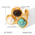 Bague vintage française en acier inoxydable doré avec turquoise et perle naturelle - Style Bohème Pierre Tricolore (XZ-R30557)
