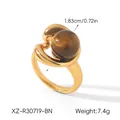 Bague en acier inoxydable de style vintage français avec perle en œil de tigre - Style Enroulè Pierre Brune Sphérique (XZ-R30719-BN)