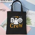 Black Halloween Boo Crew canvas tote bag with ghost and pumpkin graphic print decoration - Black Simple Halloween Pattern 6