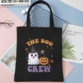 Reusable Halloween Boo Crew black canvas tote bag with cute ghost and pumpkin graphic print. - Black Halloween Party Pattern 5