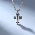 Men's stainless steel cross pendant necklace with black and gold checkered detail. - Gold Pendant and Silver Necklace Set