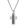 Close-up detail of a silver industrial cross pendant with a black checkered pattern - Steel Color Pendant with Steel Chain