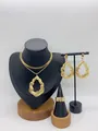 Detailed view of golden leaf texture jewelry set including necklace, earrings, and ring - Hollow Feather Leaf Texture Style (LX010015)