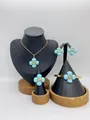Light blue bead flower jewelry set including necklace earrings ring and gold bracelet - Sky Blue Bead Four-Petal Style (LX030010 Blue)