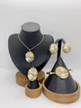 Elegant golden stainless steel jewelry set featuring floral motifs and white pearls - Pearl Floral Crystal Look Style (LX010025 White)