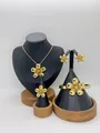 Gold-plated stainless steel jewelry set featuring elegant five-petal flower designs - Five-Petal Flower Grainy Texture Style (LX010053)