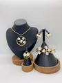 Gold stainless steel jewelry set with elegant white floral motifs - Round Frame Floral Luxury Style (LX010038)
