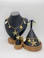 Gold stainless steel starfish and shell jewelry set including necklace earrings and ring - Ocean Starfish Shell Style (LX010041)