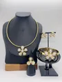 Elegant gold-finished stainless steel jewelry set featuring white pearl flower designs - Five-Petal Flower Pearl Inlaid Style (LX010047)