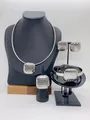 Modern silver hammered stainless steel jewelry set with necklace earrings and ring - Honeycomb Hammered Square Silver (LX010049 Steel)