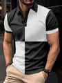Detail view of men's black and white color-block polo shirt with turn-down collar - S / Black and White