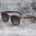 Classic retro sunglasses with wood grain temples and gradient grey lenses UV protection - Transparent Tea / Double Gray