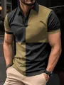Stylish men's slim-fit polo shirt with a black and khaki geometric color-block pattern - S / Black/Khaki