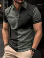 Men's casual slim-fit color-block polo shirt with lapel collar in black and olive green. - S / Black & Olive Green Patchwork