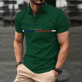 Stylish men's dark green casual polo shirt with Paris print and color block stripes - 3XL / Dark Green PARIS Print