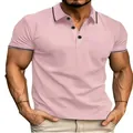 Casual pink men's short-sleeved polo shirt featuring contrast black trim on collar and cuffs - 3XL / Pink with Stripe Detail