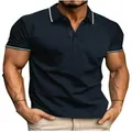 Men's navy blue casual polo shirt with white contrast trim and athletic slim fit - 3XL / Navy Blue with Stripe Detail