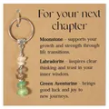 Natural crystal chip keychain with moonstone, labradorite, and aventurine on a gift card. - Chapter Card + Crystal Gravel