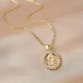 Close-up of 18k gold plated Virgin Mary relief pendant necklace with crystal halo. - Virgin Mary Relief Pendant (O-Chain)