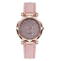 Detailweergave dameskwartshorloge met roze glitter wijzerplaat en matte leren band - Alleen horloge / Roze