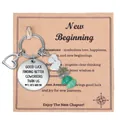 Silver keychain with natural crystal chips and engraved coworker farewell message - Beginnings Card + Round Tag Gravel