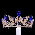 Exquisite baroque gold bridal crown with elegant blue rhinestones for wedding dresses - Blue
