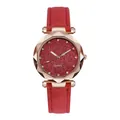 Elegant lady's quartz watch featuring red glitter dial and frosted red leather strap - Watch Only / Red