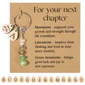 Natural crystal chip keychain with wooden initial charm and inspirational message - Chapter Card + Teardrop Gravel