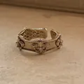 French retro coffee gold open adjustable ring with fleur-de-lis relief and small zircon - A34 (coffee Gold)