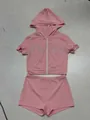 Pink two-piece tracksuit set featuring rhinestone 1995 motif with hooded zip-up top - S / Top And Bottom / Pink