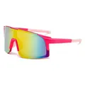 Detailed side view of pink sports sunglasses with vibrant mirrored gradient lenses - Pink White Frame / Red Mirrored Lens