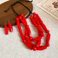 Ethnic style vibrant red chunky bead necklace and matching earrings jewelry set - Earrings Necklace - Red