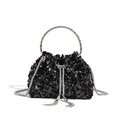 Close-up of a black sequined evening bag with a silver circular handle and tassels. - Sequin Style / Black