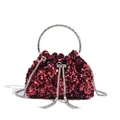 Close-up of red sequined evening bucket bag with silver tassels and ring handle - Sequin Style / Red