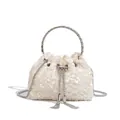 Detail of sequined white evening bucket bag with crystal ring handle and tassels. - Sequin Style / White