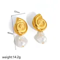 Unique gold-plated stainless steel snail earrings with baroque pearl drops for women - Conch 2 / 18K Gold