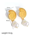 Close-up detail of vintage gold spiral shell earrings with elegant baroque pearl pendants - Conch 1 / 18K Gold