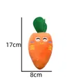 Plush carrot shaped squeaky pet chew toy with 17cm by 8cm size dimensions shown - Carrot