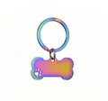 Rainbow iridescent stainless steel bone-shaped pet ID tag with paw print cutout - Multicolor (with Ring)
