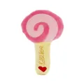 Pink plush lollipop squeaky dog toy featuring Lolly Pop embroidery and a red heart - Pink Lollipop
