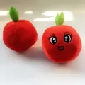 Red plush squeaky dog toy set with cute embroidered cartoon face and green leaves - Small Apple