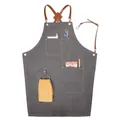 Grey denim apron with brown cross-back leather straps and multiple pockets for barbers and cafes. - Hole Belt Ring D Style / Gray