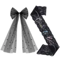Black lace Bride to Be sash and dotted tulle bow veil set for bachelorette party decor - One Size / Bride to Be Bow and Lace Iridescent Sash Set