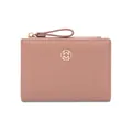 Cartera minimalista rosa palo de dos pliegues para mujer con logo dorado y cremallera - Rosa