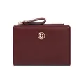 Elegant burgundy bifold women's wallet with circular gold metal logo detail. - Burgundy