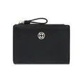 Elegant minimalist black pebble grain bifold wallet for women with gold circular logo - Black