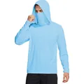 Sky blue UPF 50+ sun protection hoodie with built-in face mask for outdoor activities - M / Tops / Light Blue