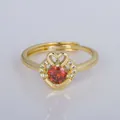 Vintage French style gold plated open ring featuring heart shape with red stone - Adjustable Open / Red Round Pave Style (YXY-FJTR(6))